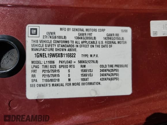 ✅ 1999 Chevrolet Astro • VIN: 1GNEL19W6XB116822 • Лот: 90297045. Опубликован ранее на Copart с пробегом 116 630 миль. Бесплатный доступ к архиву аукционных продаж из США и подробный отчёт об истории автомобиля на DreamBid. Изображение 13.