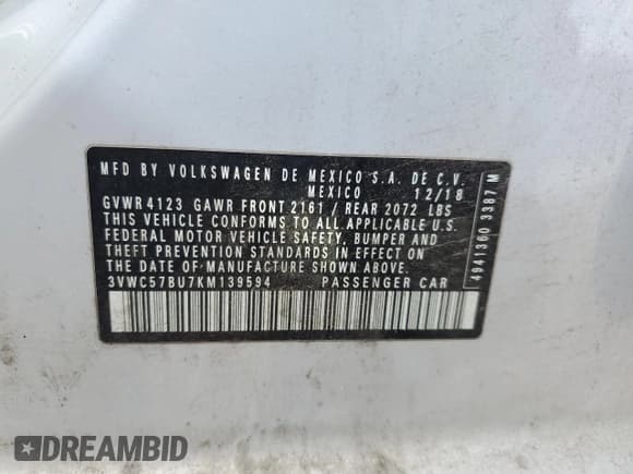 ✅ 2019 Volkswagen Jetta S • VIN: 3VWC57BU7KM139594 • Лот: 90994435. Опубликован ранее на Copart с пробегом 102 782 миль. Бесплатный доступ к архиву аукционных продаж из США и подробный отчёт об истории автомобиля на DreamBid. Изображение 12.