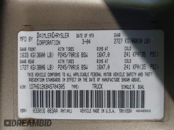 ✅ 2004 Dodge Dakota • VIN: 1D7HG12K84S704305 • Lot: 41662113. Wystawiony na IAAI z przebiegiem 154 383 mil. Bezpłatny archiwum sprzedaży aukcyjnych z USA i szczegółowy raport historii pojazdu na DreamBid. Zdjęcie 9.