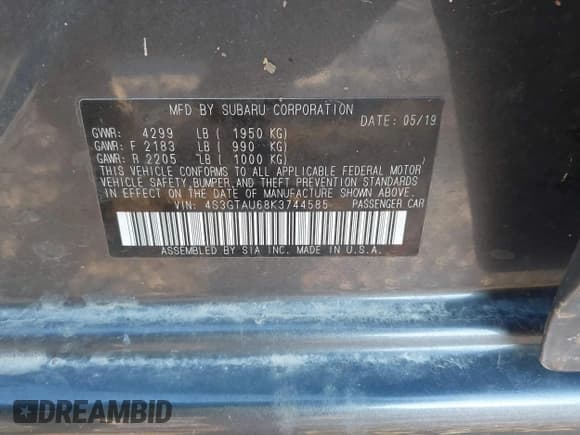 ✅ 2019 Subaru Impreza Limited • VIN: 4S3GTAU68K3744585 • Lot: 40597837. Listed on IAAI with 37,265 mi. Free auction sales archive from the USA and detailed vehicle history report at DreamBid. Image 9.