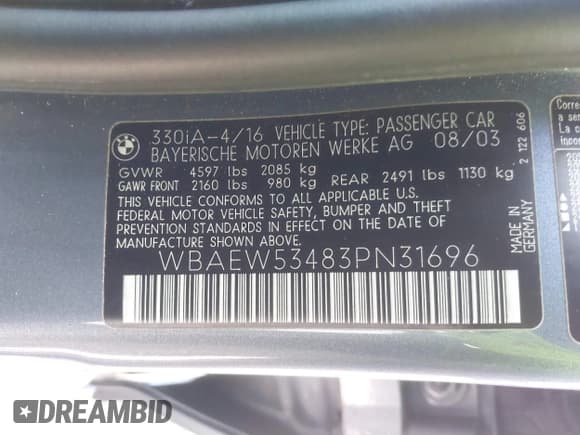 ✅ 2003 BMW 3 Series 330xi • VIN: WBAEW53483PN31696 • Lot: 42470627. Listed on IAAI with Not provided. Free auction sales archive from the USA and detailed vehicle history report at DreamBid. Image 9.