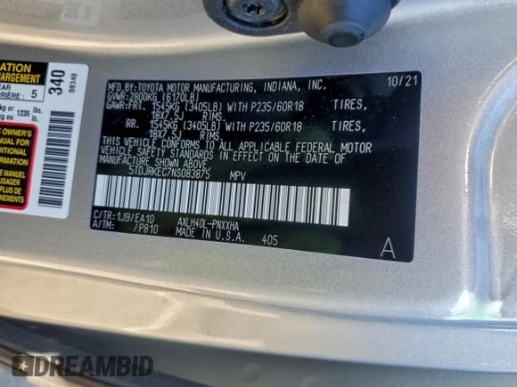 ✅ 2022 Toyota Sienna XLE • VIN: 5TDJRKEC7NS083875 • Lot: 93349815. Listed on Copart with 41,052 mi. Free auction sales archive from the USA and detailed vehicle history report at DreamBid. Image 12.