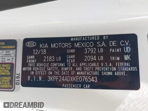 ✅ 2019 Kia Forte LXS • VIN: 3KPF24ADXKE076543 • Lot: 42768099. Listed on IAAI with 111,645 mi. Free auction sales archive from the USA and detailed vehicle history report at DreamBid. Image 9.