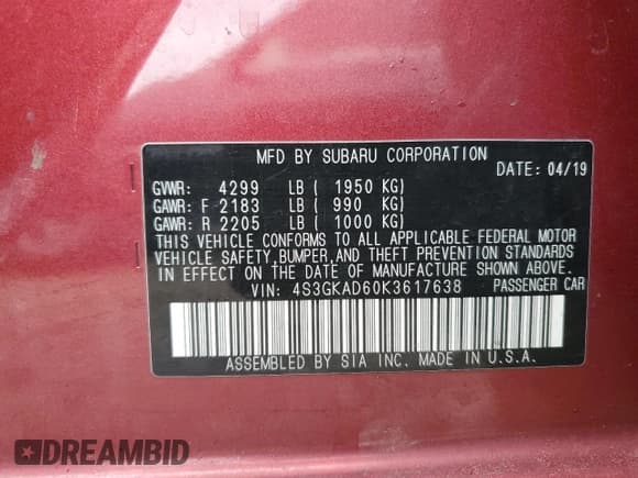 ✅ 2019 Subaru Impreza Premium • VIN: 4S3GKAD60K3617638 • Lot: 47661115. Listed on Copart with 67,789 mi. Free auction sales archive from the USA and detailed vehicle history report at DreamBid. Image 15.