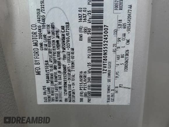 ✅ 2005 Ford Mustang Deluxe • VIN: 1ZVFT80N555245007 • Lot: 60809225. Listed on Copart with Not provided. Free auction sales archive from the USA and detailed vehicle history report at DreamBid. Image 12.