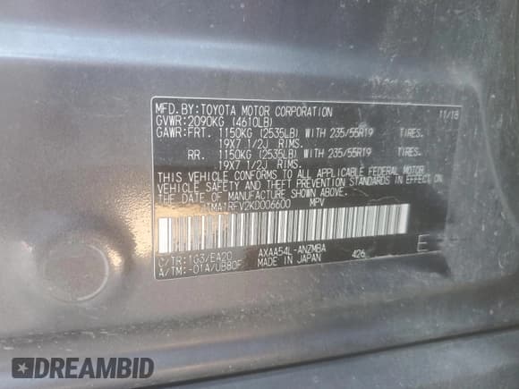 ✅ 2019 Toyota RAV4 XLE Premium • VIN: JTMA1RFV2KD006600 • Lot: 86835635. Listed on Copart with 152,376 mi. Free auction sales archive from the USA and detailed vehicle history report at DreamBid. Image 12.