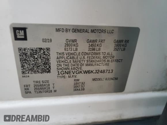 ✅ 2019 Chevrolet Traverse LT Cloth • VIN: 1GNEVGKW6KJ248713 • Lot: 89892115. Wystawiony na Copart z przebiegiem 240 816 mil. Bezpłatny archiwum sprzedaży aukcyjnych z USA i szczegółowy raport historii pojazdu na DreamBid. Zdjęcie 13.