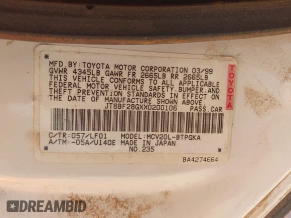 ✅ 1999 Lexus ES 300 • VIN: JT8BF28GXX0200106 • Lot: 42967608. Listed on IAAI with 102,149 mi. Free auction sales archive from the USA and detailed vehicle history report at DreamBid. Image 9.