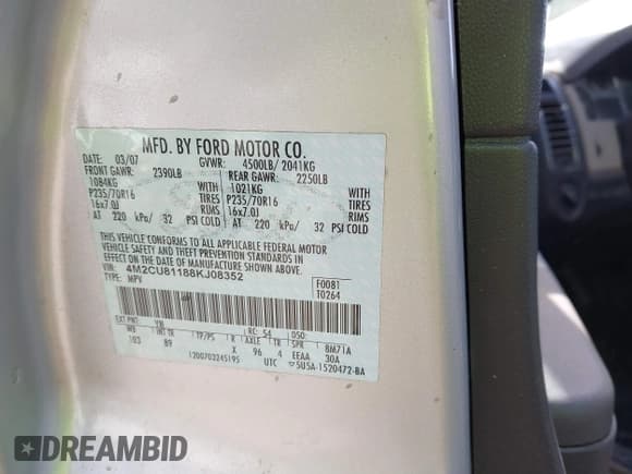 ✅ 2008 Mercury Mariner • VIN: 4M2CU81188KJ08352 • Lot: 41790253. Listed on IAAI with 133,189 mi. Free auction sales archive from the USA and detailed vehicle history report at DreamBid. Image 9.