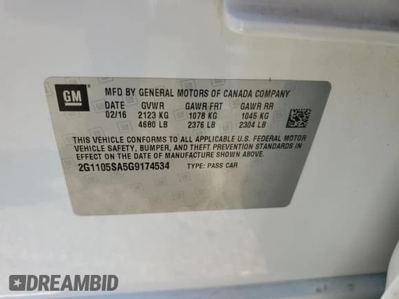 ✅ 2016 Chevrolet Impala LT • VIN: 2G1105SA5G9174534 • Lot: 87127655. Listed on Copart with 76,214 mi. Free auction sales archive from the USA and detailed vehicle history report at DreamBid. Image 12.