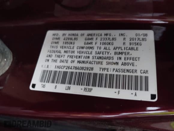 ✅ 2008 Honda Accord LX-P • VIN: 1HGCP26478A082928 • Lot: 43299948. Listed on IAAI with 207,834 mi. Free auction sales archive from the USA and detailed vehicle history report at DreamBid. Image 9.