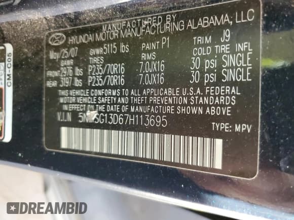 ✅ 2007 Hyundai Santa Fe GLS • VIN: 5NMSG13D67H113695 • Lot: 82924174. Listed on Copart with 187,897 mi. Free auction sales archive from the USA and detailed vehicle history report at DreamBid. Image 14.