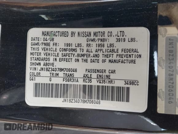 ✅ 2008 Nissan 350Z • VIN: JN1BZ34D78M706046 • Lot: 41976435. Wystawiony na IAAI z przebiegiem 80 321 mil. Bezpłatny archiwum sprzedaży aukcyjnych z USA i szczegółowy raport historii pojazdu na DreamBid. Zdjęcie 9.