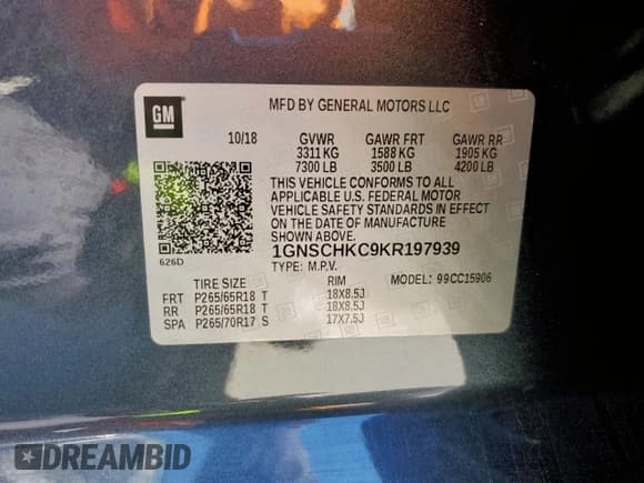 ✅ 2019 Chevrolet Suburban LT • VIN: 1GNSCHKC9KR197939 • Lot: 82747115. Listed on Copart with 178,937 mi. Free auction sales archive from the USA and detailed vehicle history report at DreamBid. Image 13.