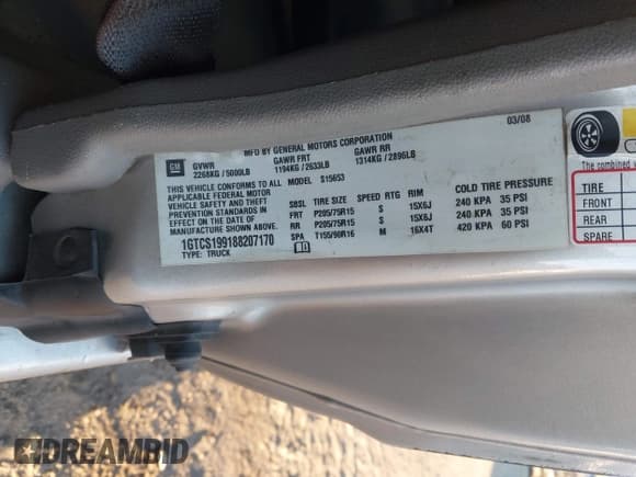 ✅ 2008 GMC Canyon SLE1 • VIN: 1GTCS199188207170 • Lot: 43088235. Listed on IAAI with 143,384 mi. Free auction sales archive from the USA and detailed vehicle history report at DreamBid. Image 9.