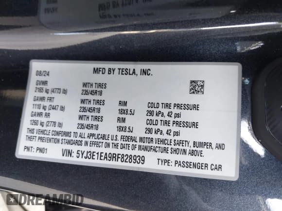 ✅ 2024 Tesla Model 3 • VIN: 5YJ3E1EA9RF828939 • Lot: 41422401. Wystawiony na IAAI z przebiegiem 4 953 mil. Bezpłatny archiwum sprzedaży aukcyjnych z USA i szczegółowy raport historii pojazdu na DreamBid. Zdjęcie 9.