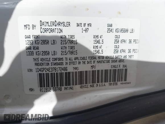 2007 Dodge Grand Caravan SE with VIN 1D4GP24E37B172486, listed as a IAAI auction lot 43104974 with Not provided miles and . Bid and sale history available at DreamBid. Image 9.