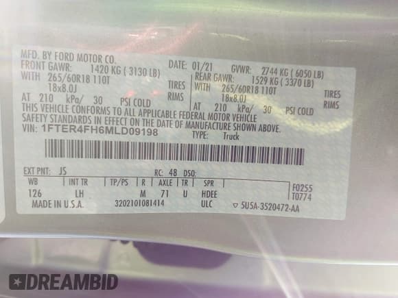 ✅ 2021 Ford Ranger XL • VIN: 1FTER4FH6MLD09198 • Lot: 41965572. Listed on IAAI with 68,291 mi. Free auction sales archive from the USA and detailed vehicle history report at DreamBid. Image 9.