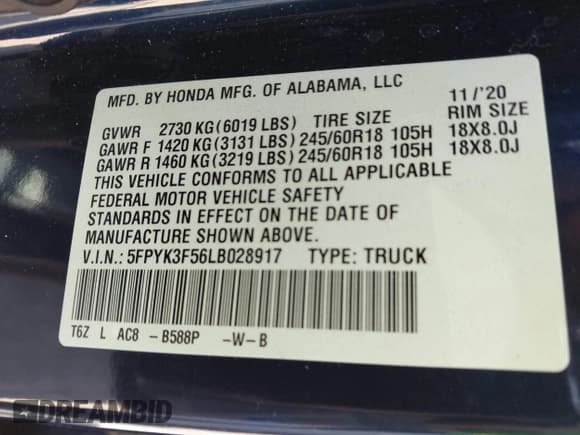 ✅ 2020 Honda Ridgeline RTL • VIN: 5FPYK3F56LB028917 • Lot: 42280770. Listed on IAAI with 17,598 mi. Free auction sales archive from the USA and detailed vehicle history report at DreamBid. Image 9.