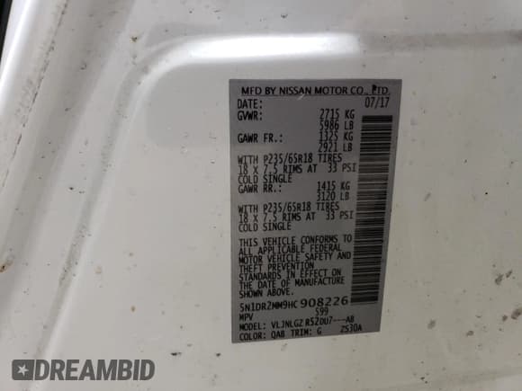 ✅ 2017 Nissan Pathfinder SV • VIN: 5N1DR2MM9HC908226 • Lot: 93456175. Listed on Copart with 99,566 mi. Free auction sales archive from the USA and detailed vehicle history report at DreamBid. Image 13.