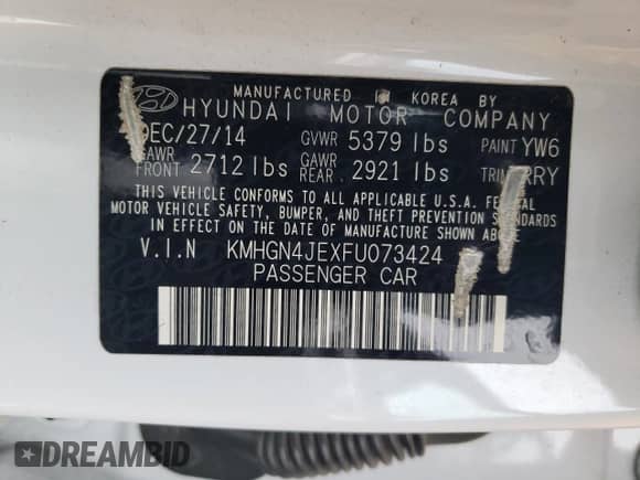 2015 Hyundai Genesis 3.8L z VIN KMHGN4JEXFU073424, wystawiony jako Copart lot #79439254 z przebiegiem 182 824 mil mil oraz Szkoda całkowita • Salvage title. Historia ofert i sprzedaży dostępna na DreamBid. Obrazek 14.