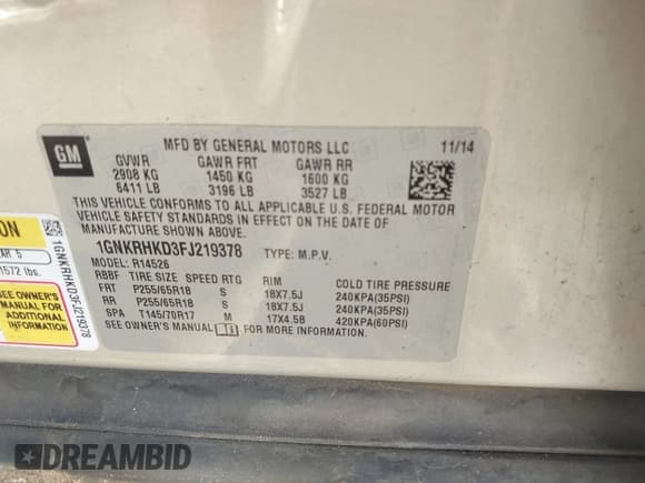 ✅ 2015 Chevrolet Traverse LT • VIN: 1GNKRHKD3FJ219378 • Lot: 43754664. Listed on IAAI with Not provided. Free auction sales archive from the USA and detailed vehicle history report at DreamBid. Image 9.