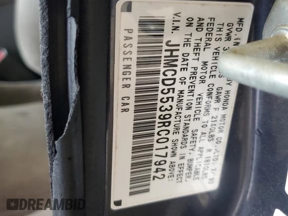 ✅ 1994 Honda Accord • VIN: JHMCD5539RC017942 • Lot: 56353595. Listed on Copart with 251,099 mi. Free auction sales archive from the USA and detailed vehicle history report at DreamBid. Image 13.