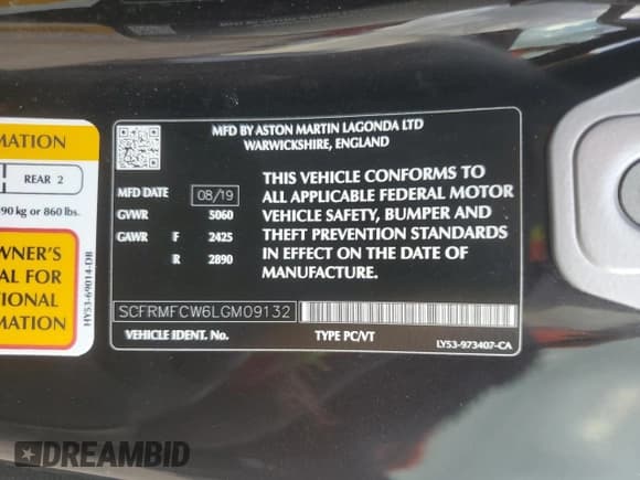 ✅ 2020 Aston Martin DB11 • VIN: SCFRMFCW6LGM09132 • Лот: 85471884. Опубликован ранее на Copart с пробегом Не указан. Бесплатный доступ к архиву аукционных продаж из США и подробный отчёт об истории автомобиля на DreamBid. Изображение 12.