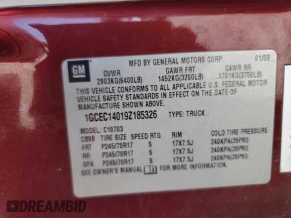 ✅ 2009 Chevrolet Silverado 1500 Work Truck • VIN: 1GCEC14019Z185326 • Lot: 57432255. Listed on Copart with 293,135 mi. Free auction sales archive from the USA and detailed vehicle history report at DreamBid. Image 12.