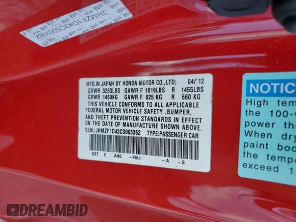 ✅ 2012 Honda CR-Z • VIN: JHMZF1D43CS003362 • Lot: 60670905. Listed on Copart with 141,670 mi. Free auction sales archive from the USA and detailed vehicle history report at DreamBid. Image 12.