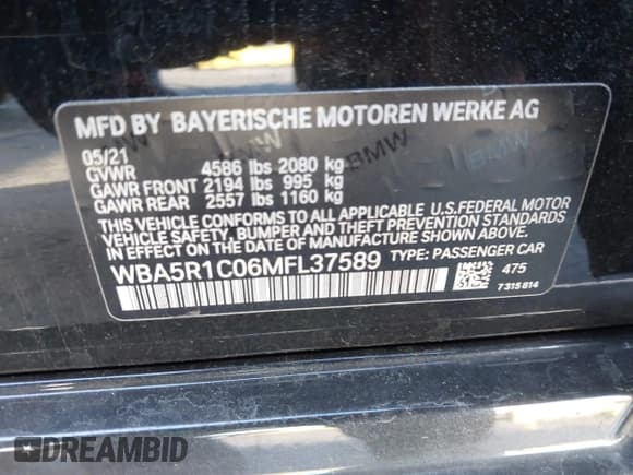 ✅ 2021 BMW 3 Series 330i • VIN: WBA5R1C06MFL37589 • Lot: 43518432. Listed on IAAI with 37,864 mi. Free auction sales archive from the USA and detailed vehicle history report at DreamBid. Image 9.