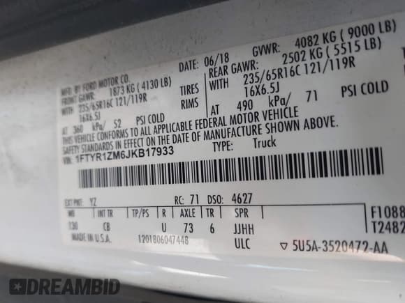 ✅ 2018 Ford Transit • VIN: 1FTYR1ZM6JKB17933 • Lot: 41777624. Wystawiony na IAAI z przebiegiem 225 123 mil. Bezpłatny archiwum sprzedaży aukcyjnych z USA i szczegółowy raport historii pojazdu na DreamBid. Zdjęcie 9.