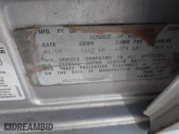 ✅ 2009 Chevrolet Aveo 1LT • VIN: KL1TD66E29B620770 • Lot: 42061930. Wystawiony na IAAI z przebiegiem 122 087 mil. Bezpłatny archiwum sprzedaży aukcyjnych z USA i szczegółowy raport historii pojazdu na DreamBid. Zdjęcie 9.