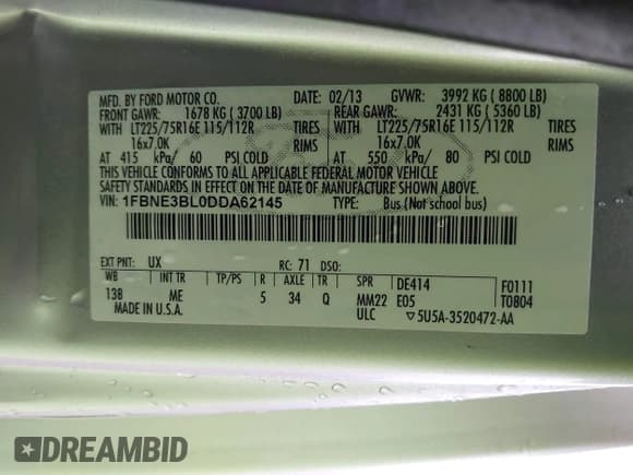 ✅ 2013 Ford Econoline Passenger XLT • VIN: 1FBNE3BL0DDA62145 • Лот: 42968458. Опубликован ранее на IAAI с пробегом 234 970 миль. Бесплатный доступ к архиву аукционных продаж из США и подробный отчёт об истории автомобиля на DreamBid. Изображение 9.