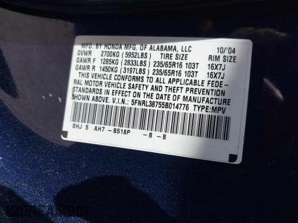 ✅ 2005 Honda Odyssey EX-L • VIN: 5FNRL38755B014776 • Lot: 42598139. Listed on IAAI with 188,522 mi. Free auction sales archive from the USA and detailed vehicle history report at DreamBid. Image 9.