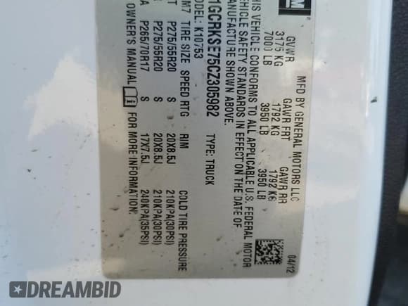 ✅ 2012 Chevrolet Silverado 1500 LT • VIN: 1GCRKSE75CZ305982 • Lot: 57835174. Listed on Copart with 170,712 mi. Free auction sales archive from the USA and detailed vehicle history report at DreamBid. Image 12.