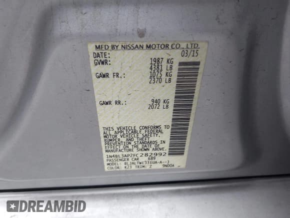 ✅ 2015 Nissan Altima SL • VIN: 1N4BL3AP2FC282992 • Lot: 41980768. Listed on IAAI with 187,550 mi. Free auction sales archive from the USA and detailed vehicle history report at DreamBid. Image 9.