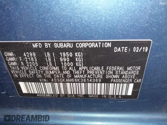 ✅ 2019 Subaru Impreza Special Sports • VIN: 4S3GKAM66K3614369 • Lot: 41360263. Listed on IAAI with 53,434 mi. Free auction sales archive from the USA and detailed vehicle history report at DreamBid. Image 9.