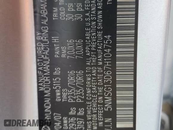 2007 Hyundai Santa Fe GLS с VIN 5NMSG13D67H104754, выставлен на аукционе Copart как лот 76793274 с пробегом Не указан миль и На запчасти • Non repairable. История ставок и продаж доступна на DreamBid. Изображение 14.