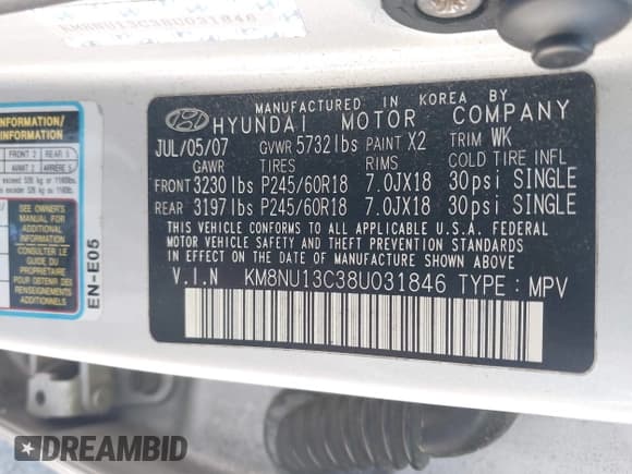 ✅ 2008 Hyundai Veracruz GLS • VIN: KM8NU13C38U031846 • Lot: 42055935. Listed on IAAI with 210,192 mi. Free auction sales archive from the USA and detailed vehicle history report at DreamBid. Image 9.