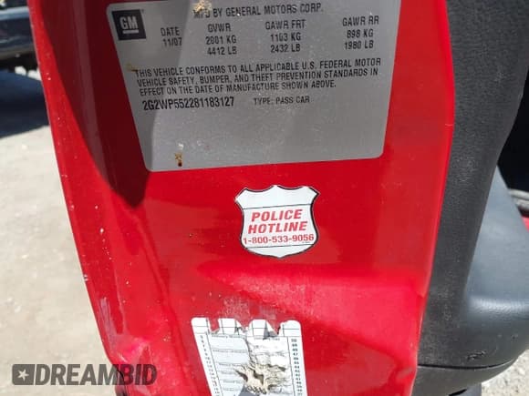 ✅ 2008 Pontiac Grand Prix • VIN: 2G2WP552281183127 • Lot: 42870603. Listed on IAAI with 132,897 mi. Free auction sales archive from the USA and detailed vehicle history report at DreamBid. Image 9.