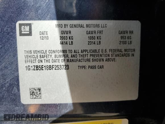 ✅ 2011 Chevrolet Malibu 1LS • VIN: 1G1ZB5E18BF253723 • Lot: 71981604. Listed on Copart with 125,709 mi. Free auction sales archive from the USA and detailed vehicle history report at DreamBid. Image 12.