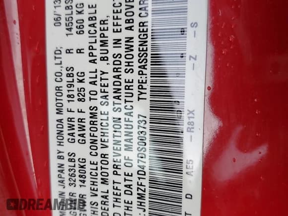 ✅ 2013 Honda CR-Z • VIN: JHMZF1D47DS003737 • Лот: 68759235. Опубликован ранее на Copart с пробегом Не указан. Бесплатный доступ к архиву аукционных продаж из США и подробный отчёт об истории автомобиля на DreamBid. Изображение 12.