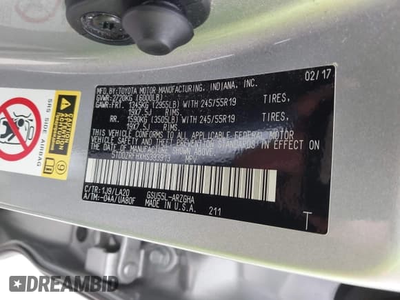 ✅ 2017 Toyota Highlander Limited • VIN: 5TDDZRFHXHS393913 • Lot: 43388149. Listed on IAAI with 149,357 mi. Free auction sales archive from the USA and detailed vehicle history report at DreamBid. Image 9.