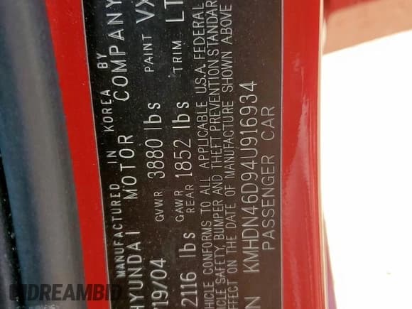 ✅ 2004 Hyundai Elantra GLS • VIN: KMHDN46D94U916934 • Lot: 91681385. Listed on Copart with 180,232 mi. Free auction sales archive from the USA and detailed vehicle history report at DreamBid. Image 12.