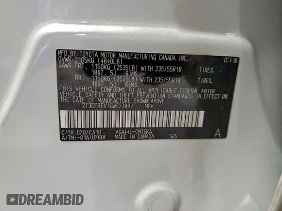 ✅ 2016 Toyota RAV4 Limited • VIN: 2T3DFREV1GW523882 • Lot: 94569615. Listed on Copart with 152,424 mi. Free auction sales archive from the USA and detailed vehicle history report at DreamBid. Image 13.