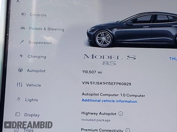 ✅ 2014 Tesla Model S 60 • VIN: 5YJSA1H15EFP60829 • Lot: 42610569. Listed on IAAI with 110,507 mi. Free auction sales archive from the USA and detailed vehicle history report at DreamBid. Image 15.
