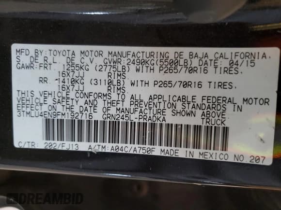 ✅ 2015 Toyota Tacoma • VIN: 3TMLU4EN9FM192716 • Лот: 61462045. Опубликован ранее на Copart с пробегом 103 240 миль. Бесплатный доступ к архиву аукционных продаж из США и подробный отчёт об истории автомобиля на DreamBid. Изображение 12.