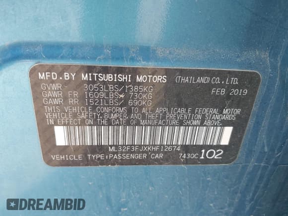 ✅ 2019 Mitsubishi Mirage ES • VIN: ML32F3FJXKHF12674 • Lot: 42373288. Listed on IAAI with 52,274 mi. Free auction sales archive from the USA and detailed vehicle history report at DreamBid. Image 9.