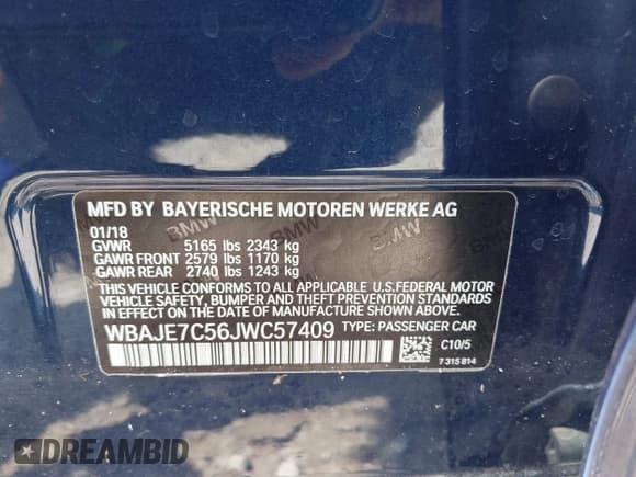 ✅ 2018 BMW 5 Series 540i xDrive • VIN: WBAJE7C56JWC57409 • Lot: 42727783. Listed on IAAI with 53,126 mi. Free auction sales archive from the USA and detailed vehicle history report at DreamBid. Image 9.